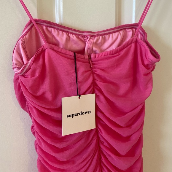 NWT Superdown Emmie Mesh Mini Dress Hot Pink Ruched Mesh Bodycon Revolve Sz M - Picture 5 of 10